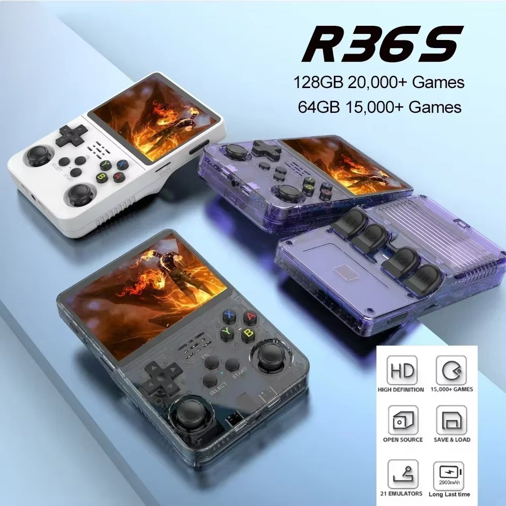 128GB R36S Open Source Portable Video Game Console - 3.5" IPS Screen, 64GB Best Games Included, Orange