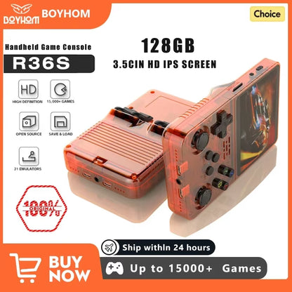 128GB R36S Open Source Portable Video Game Console - 3.5" IPS Screen, 64GB Best Games Included, Orange